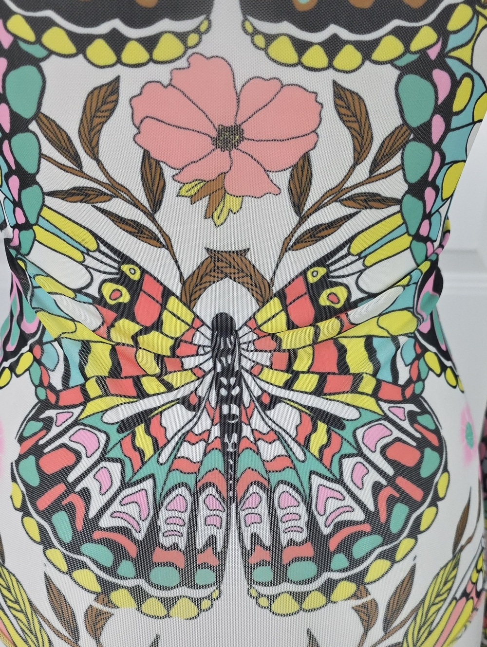 Afrm Hippie Mesh Multicolor Butterfly Floral Print Turtleneck Longsleeve Top - Picture 6 of 8